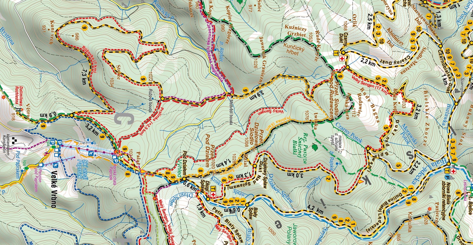 Mapa trasa nr. 9:  Bielice - Dolina Białej Lądeckiej - Biały Spław - polana Palaš - schronisko Paprsek - trasa czeska Rużovka (kierunek Góra Vetrov) - wieża widokowa na Górze Vetrov - Pętla czeska Rużovka - Jesenicka Magistrala - Medvedi bouda - V Mokrinach - Velky Szengen- Dukt nad Spławami - Czarny Dukt - Bielice.